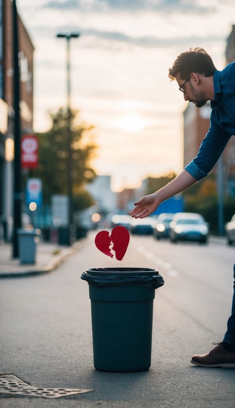Una persona tirando un objeto roto en forma de corazón a un bote de basura