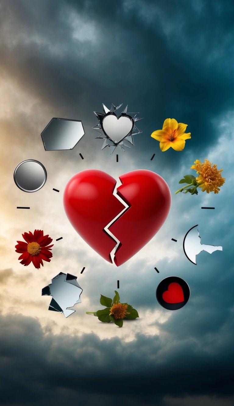 Un corazón roto rodeado de 15 símbolos negativos, como un espejo roto, flores marchitas y un cielo tormentoso.