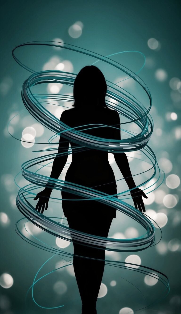 La silueta de una mujer rodeada de líneas enredadas y en espiral, representando dolores misteriosos que se convierten en parte de su rutina diaria a los 40.