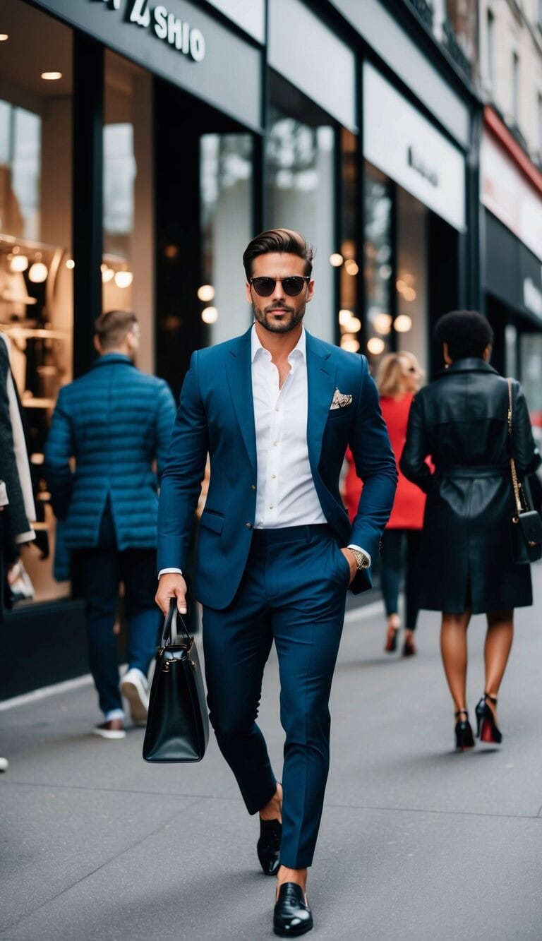Un hombre elegante caminando con confianza past tiendas de moda, llamando la atención con su apariencia impecable
