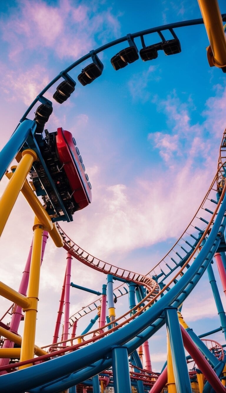 Una montaña rusa con colores vibrantes y una atmósfera alegre, capturando la emoción y la adrenalina de la frase "la vida es una montaña rusa, ¡en el buen sentido!"
