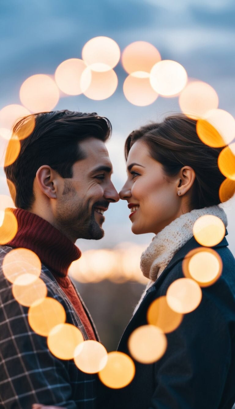 Una pareja intercambiando miradas amorosas mientras está rodeada de símbolos de afecto y conexión diaria, como actividades compartidas y gestos considerados.