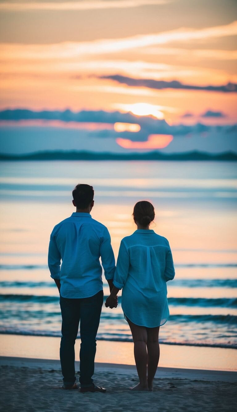 Una pareja de pie, lado a lado, contemplando una hermosa puesta de sol sobre una playa tranquila, simbolizando su unidad y visión compartida en una relación.