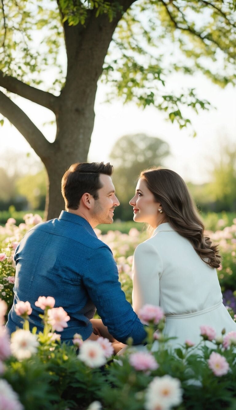 Una pareja sentada bajo un árbol, rodeada de flores en plena floración, mirándose a los ojos con un profundo amor y conexión.