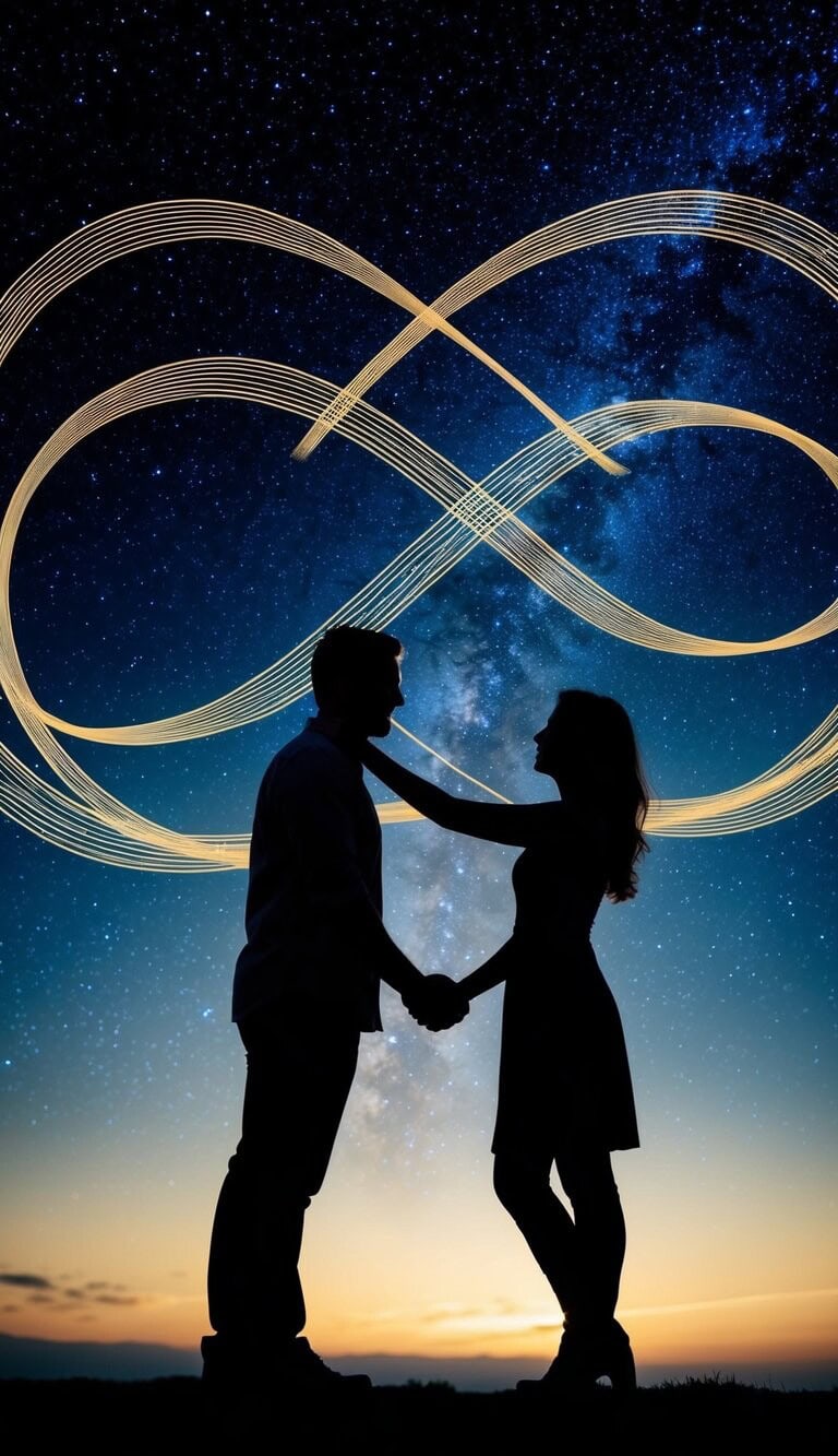 La silueta de una pareja abrazándose bajo un cielo estrellado, con un símbolo de infinito interminable entrelazado en el fondo
