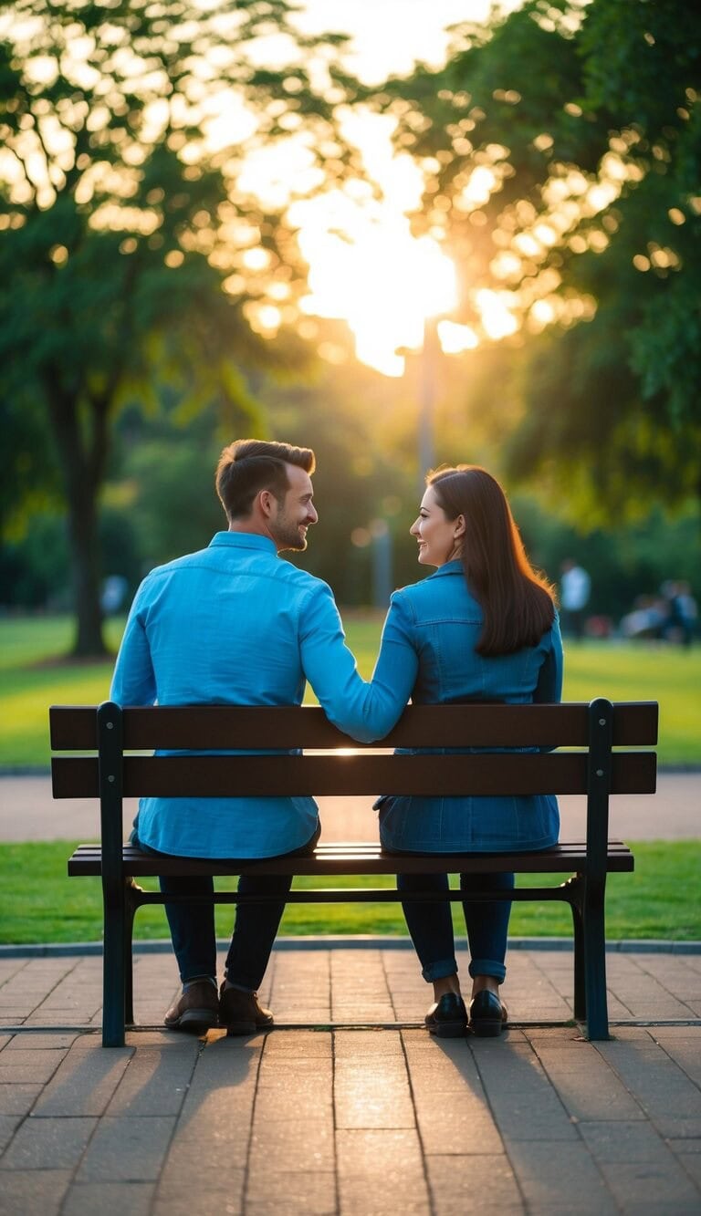 Una pareja sentada en un banco del parque, mirándose el uno al otro, comprometidos en una conversación profunda. El sol poniente arroja un cálido resplandor sobre la escena, creando una atmósfera pacífica e íntima.