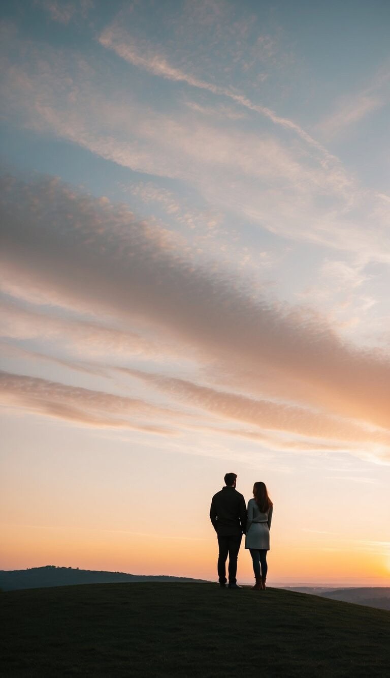 Una pareja de pie en una colina, contemplando una hermosa puesta de sol sobre un paisaje sereno