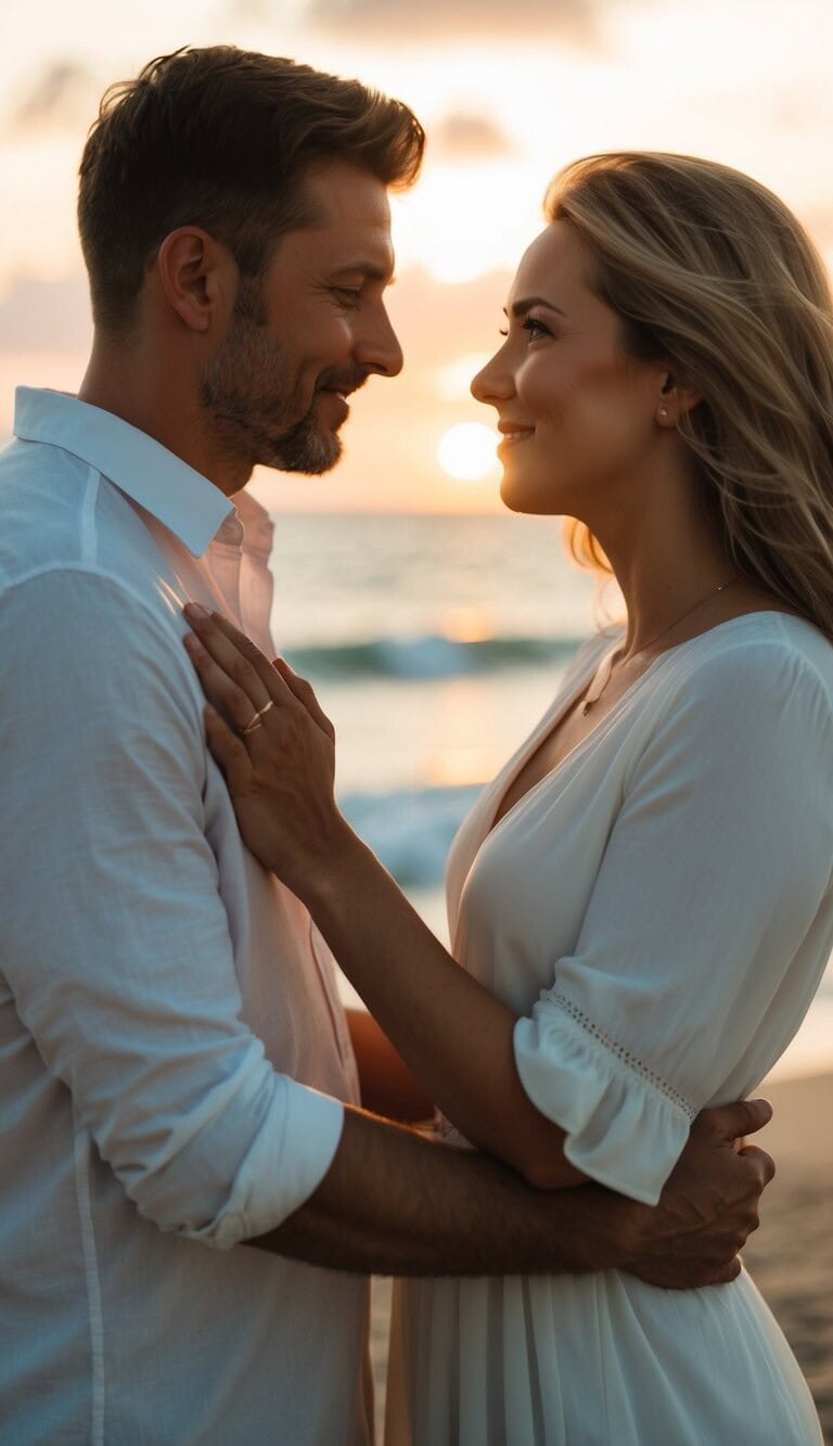Una pareja de pie en una playa al atardecer, abrazándose y mirándose a los ojos con una expresión de profundo amor y afecto.