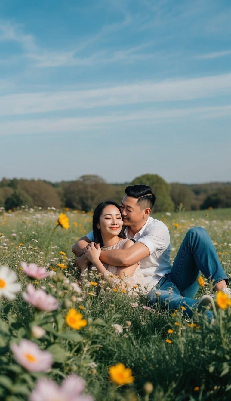 Una pareja tumbada en un prado pacífico, rodeada de flores en flor y un cielo azul claro, abrazándose con una expresión de satisfacción en sus rostros.