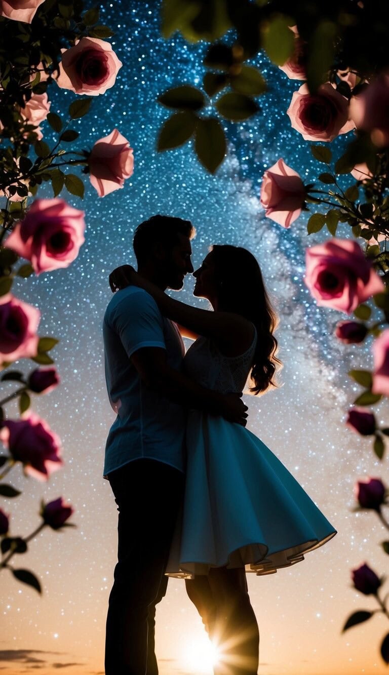 La silueta de una pareja se abraza bajo un cielo estrellado, rodeada de rosas en flor y una atmósfera romántica.