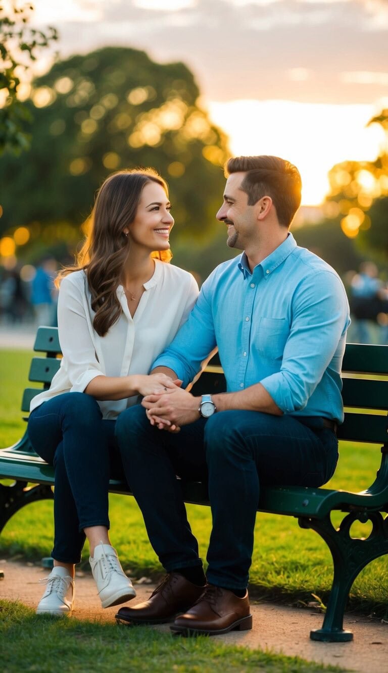 Una pareja sentada en un banco del parque, sonriendo y mirándose a los ojos. El sol se está poniendo, proyectando un cálido resplandor sobre la escena.