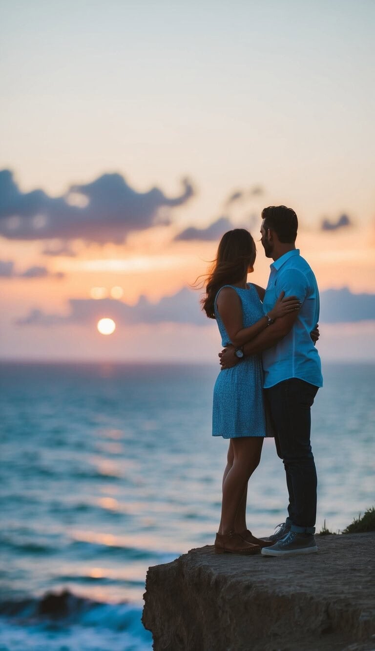 Una pareja de pie en un acantilado, contemplando la puesta de sol sobre el océano, abrazándose fuertemente.