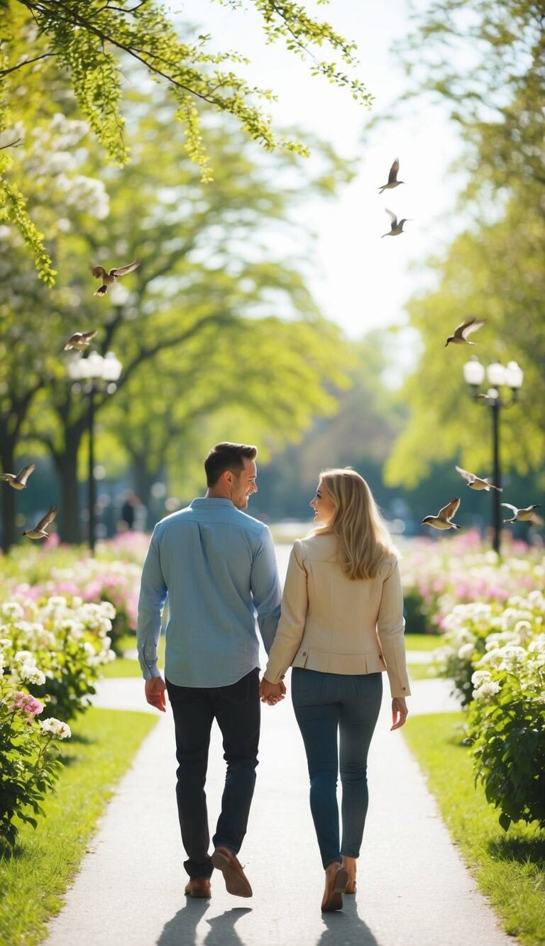 Una pareja caminando de la mano por un parque iluminado por el sol, rodeada de flores en flor y pájaros cantando.