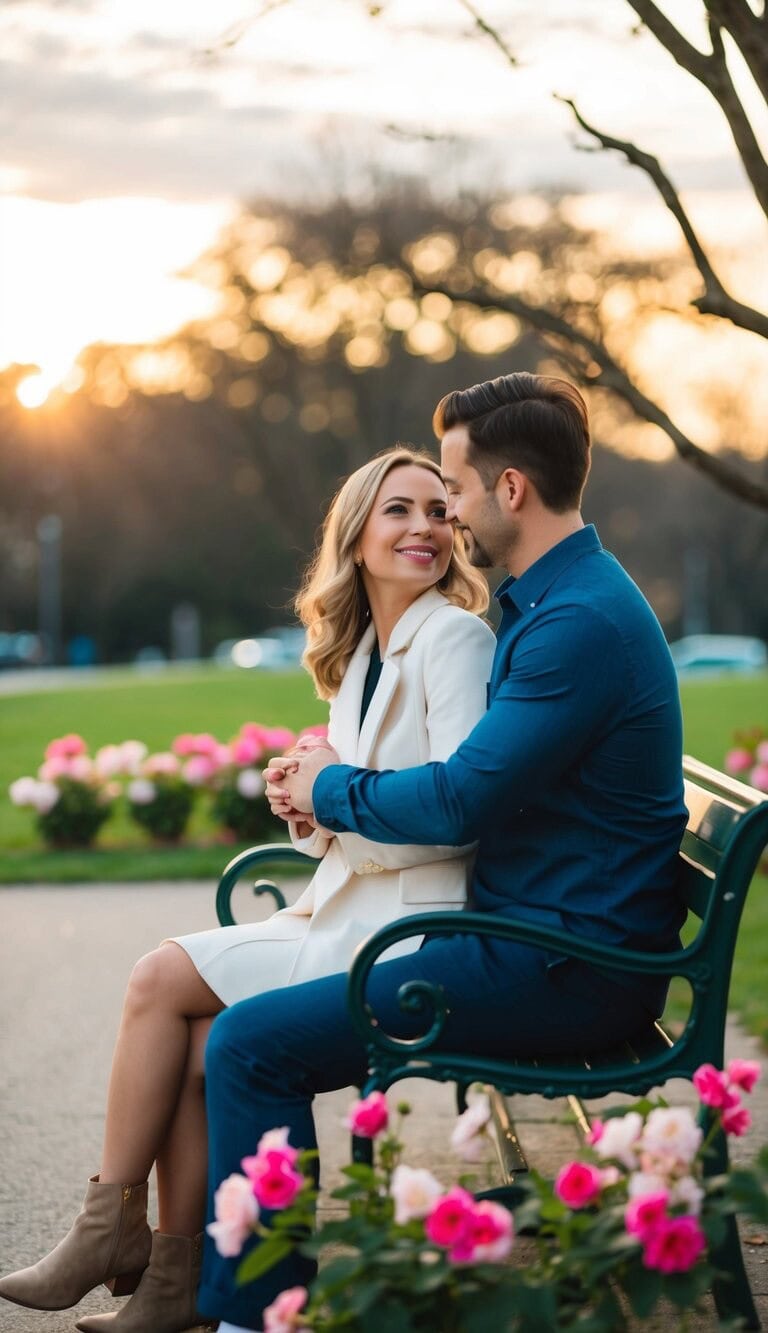 Una pareja sentada en un banco del parque, mirándose a los ojos con un cálido abrazo, rodeados de flores en flor y un sereno atardecer