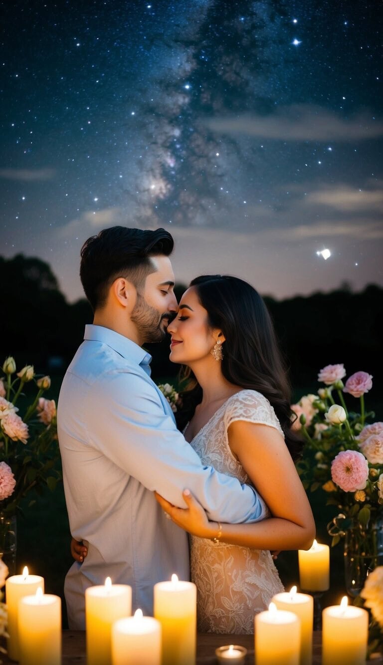 Una pareja se abraza bajo un cielo estrellado, rodeada de flores en flor y la suave luz de las velas.
