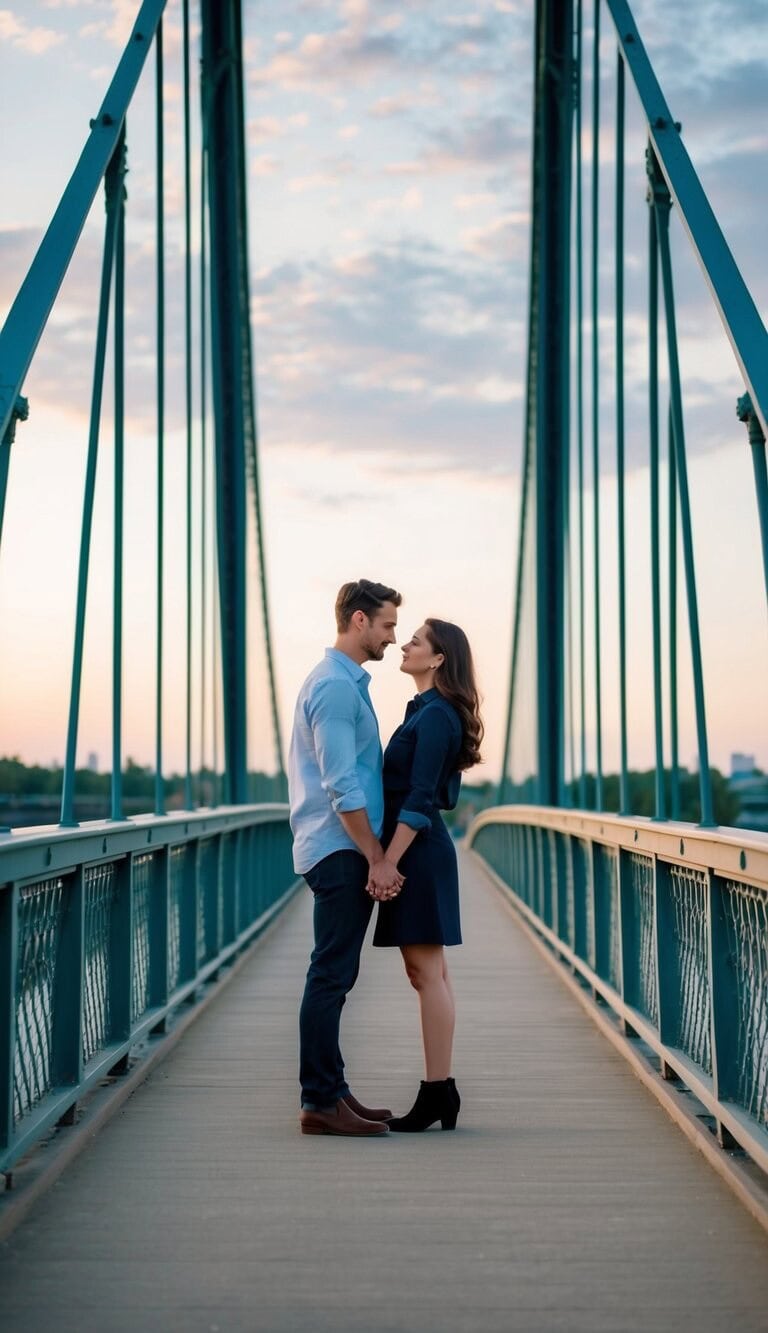 Una pareja de pie en lados opuestos de un puente, mirándose con anhelo y comprensión. El puente simboliza su capacidad para estar separados mientras siguen conectados por el amor.