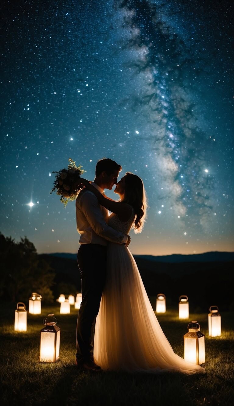 La silueta de una pareja se abraza bajo un cielo estrellado, rodeada de farolillos brillantes y un paisaje sereno.
