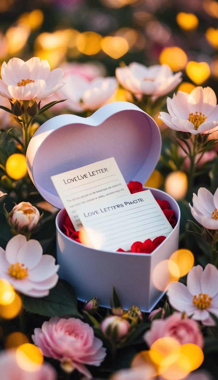 Una caja en forma de corazón llena de cartas de amor, rodeada de flores en flor y brillando con calidez