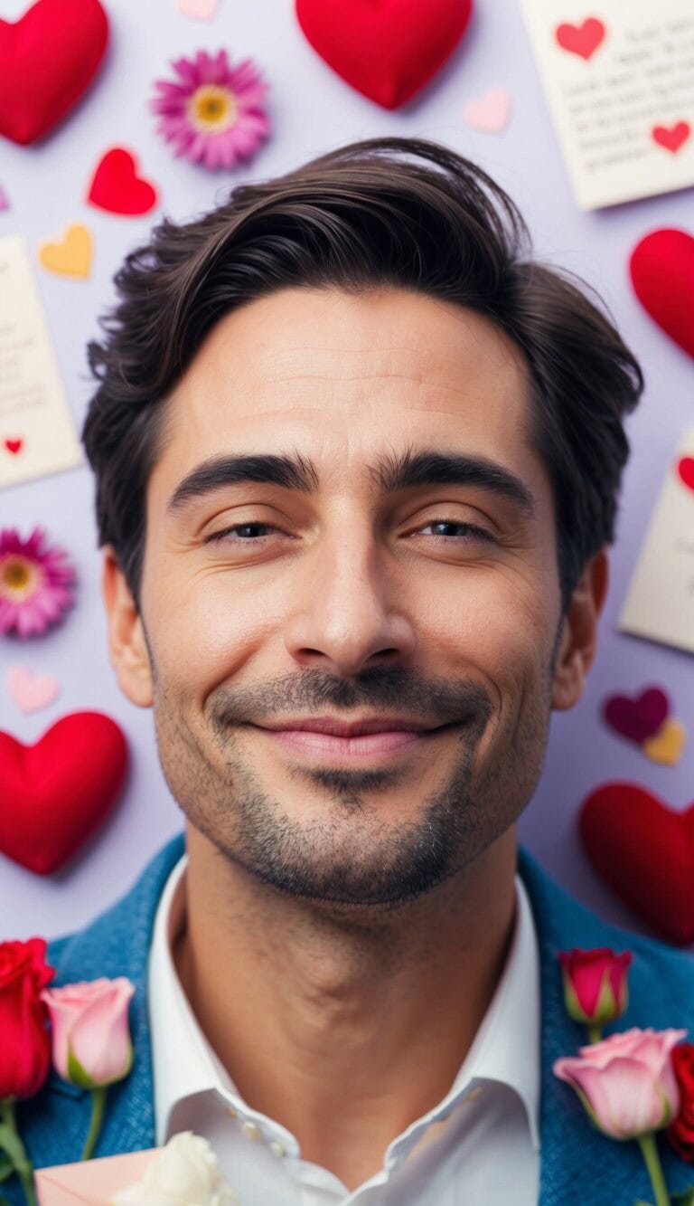 Un hombre rodeado de símbolos soñadores y románticos, como corazones, flores y cartas de amor, con una expresión de satisfacción en su rostro.
