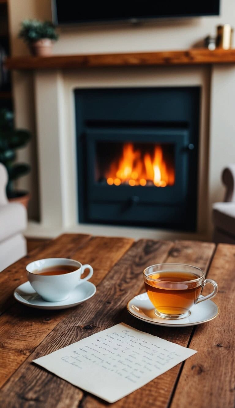 Una acogedora sala de estar con una chimenea crepitante, una taza de té caliente y una carta de amor escrita a mano sobre una mesa de madera rústica.