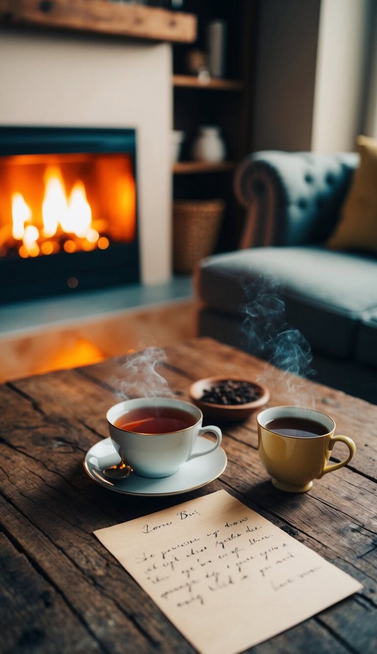Una sala de estar acogedora con una chimenea crepitante, una taza de té caliente y una carta de amor escrita a mano sobre una mesa de madera rústica.