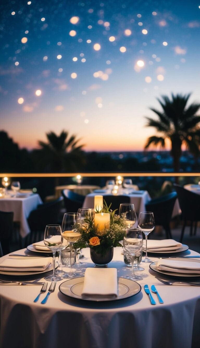 Una mesa romántica servida con alta cocina bajo un cielo estrellado en un restaurante con estrella Michelin
