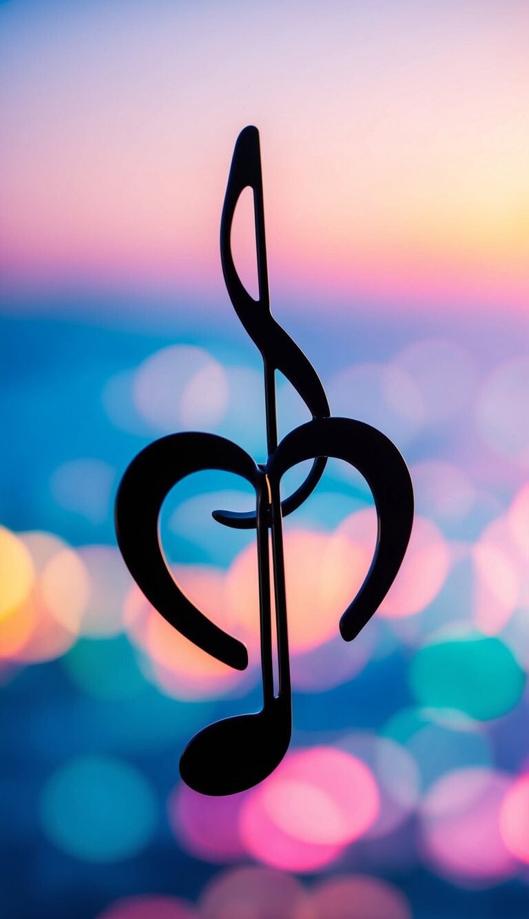 Una nota musical en forma de corazón flotando en un mar de colores vibrantes, irradiando una sensación de amor y armonía
