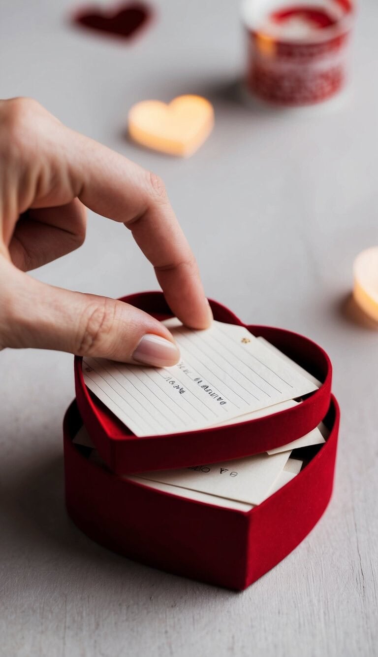 Un toque suave en una caja en forma de corazón de cartas de amor