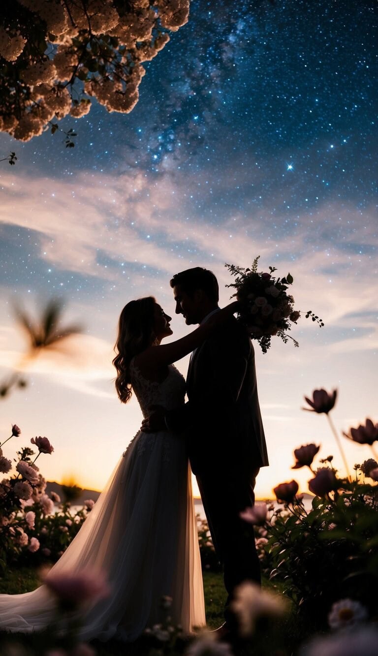 La silueta de una pareja abrazándose bajo un cielo estrellado, rodeada de flores en flor y una atmósfera romántica
