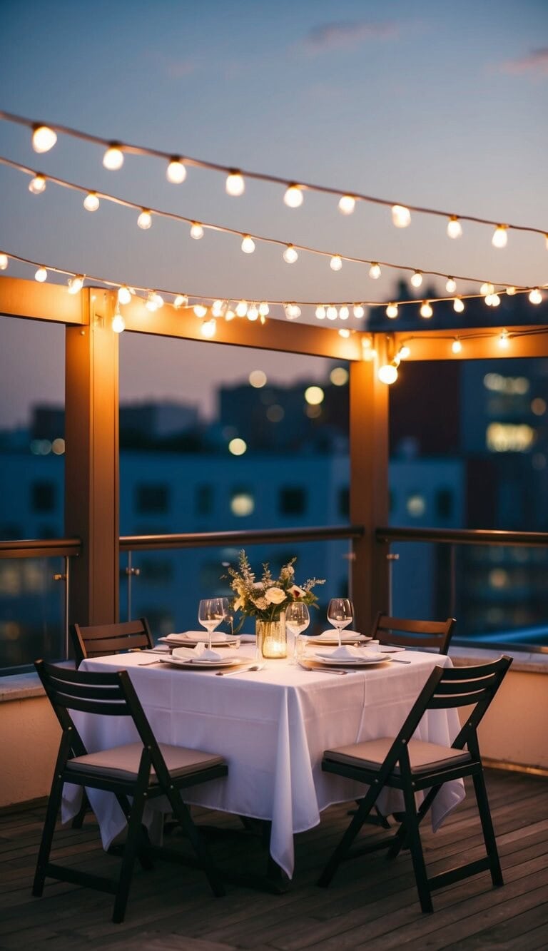 Una cena privada en la azotea bajo las estrellas con una mesa preparada para dos, rodeada de luces centelleantes y un ambiente romántico