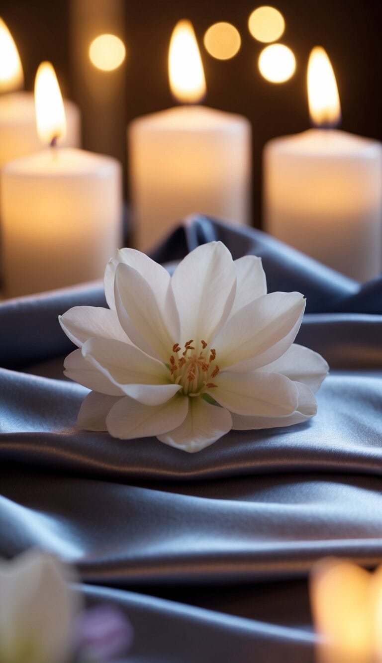 Pétalos suaves y delicados de una flor fragante descansando sobre una cama de seda, rodeados de la luz parpadeante de las velas.