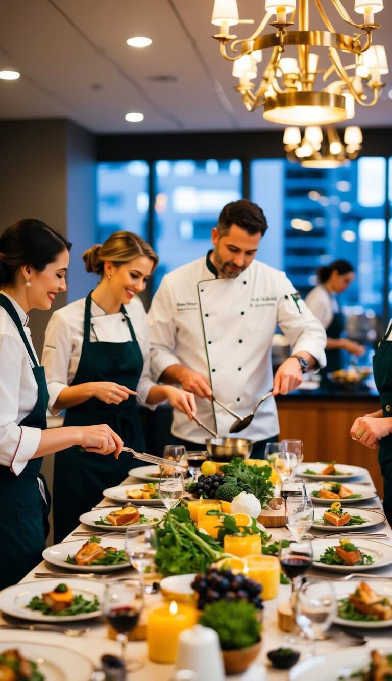 Una clase de cocina romántica para parejas, con una mesa bellamente decorada, ingredientes gourmet y un chef demostrando técnicas.