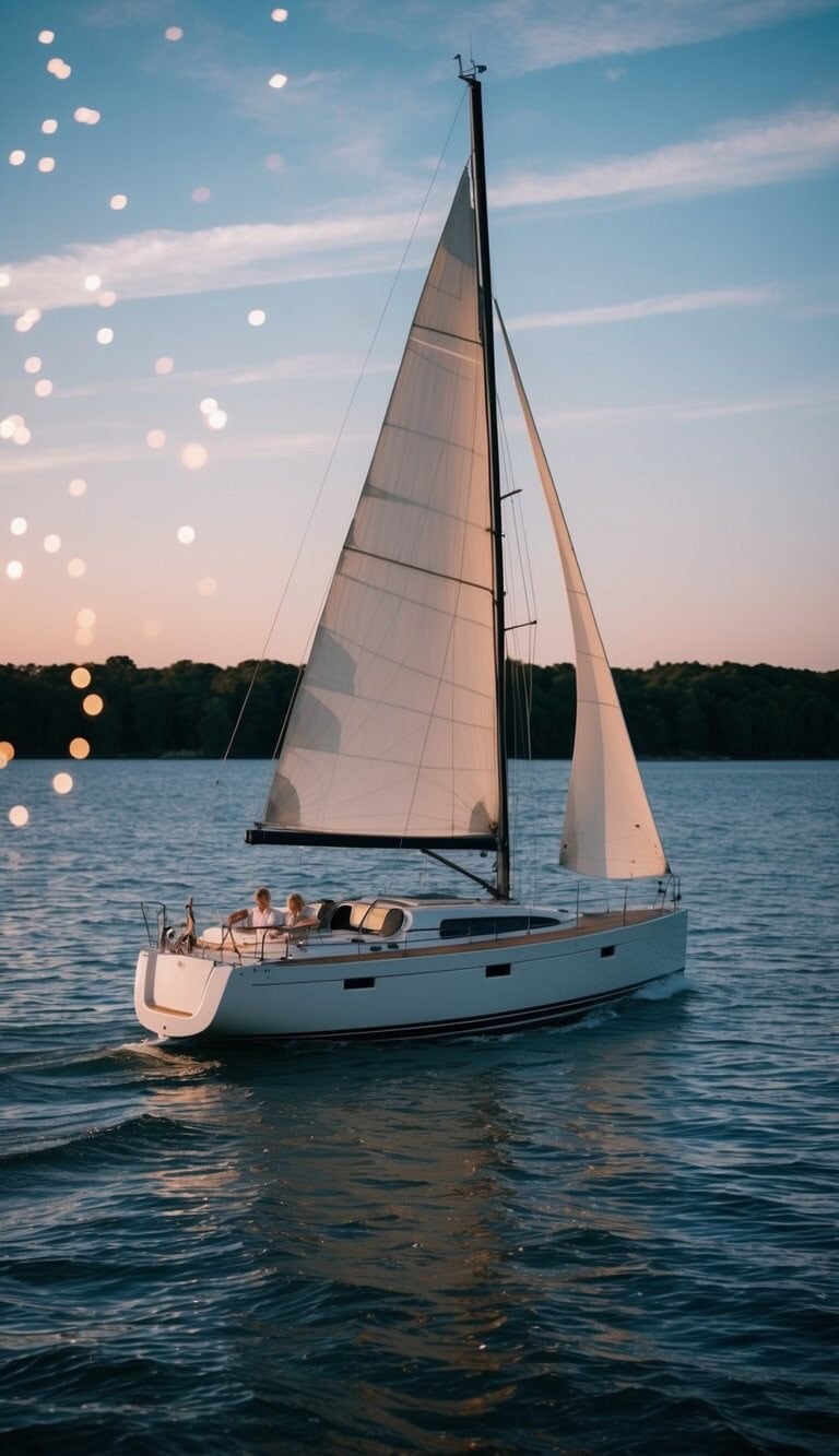 Un velero se desliza sobre aguas tranquilas, con una mesa preparada para una cena romántica bajo las estrellas