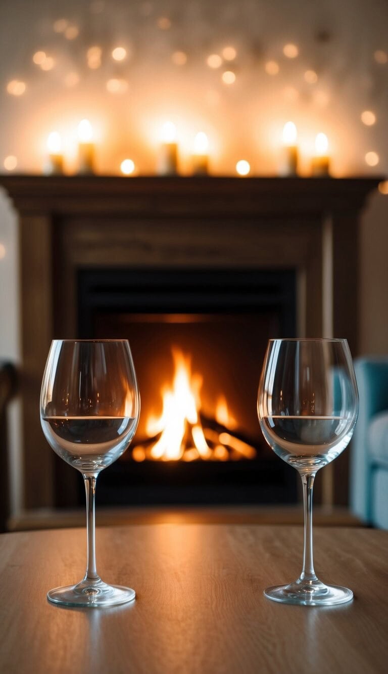 Una sala de estar acogedora con una chimenea crepitante, suave luz de velas y dos copas de vino vacías sobre una mesa