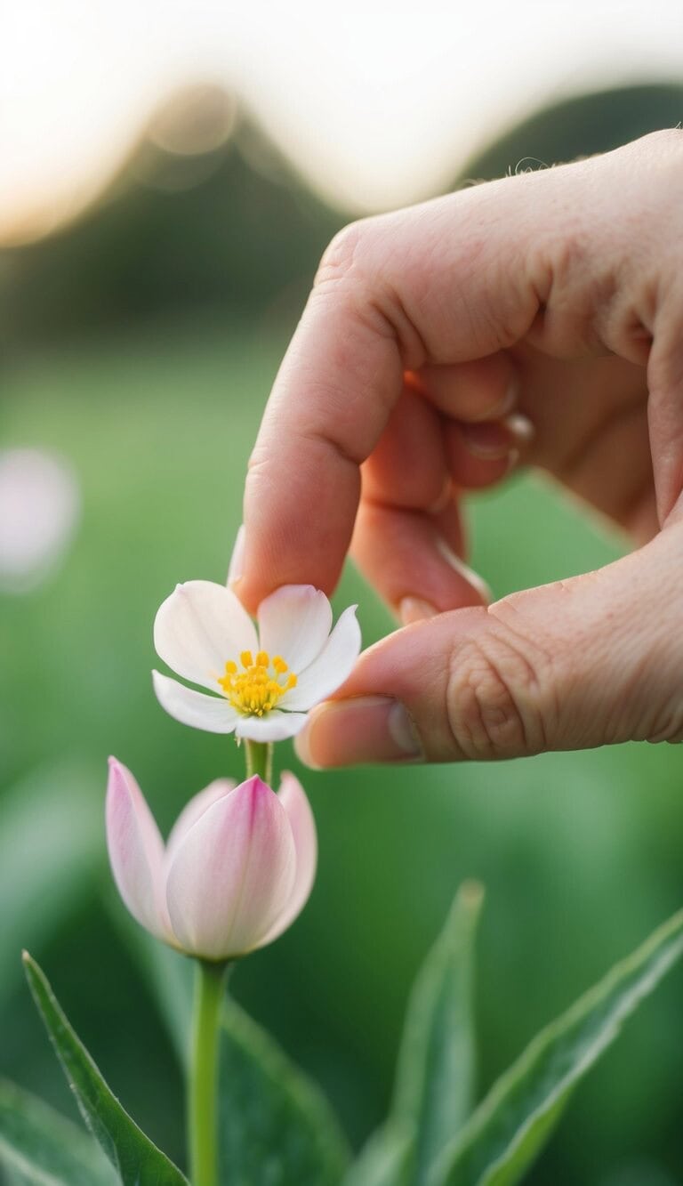 Una mano suave extendiéndose para tocar un delicado pétalo de flor