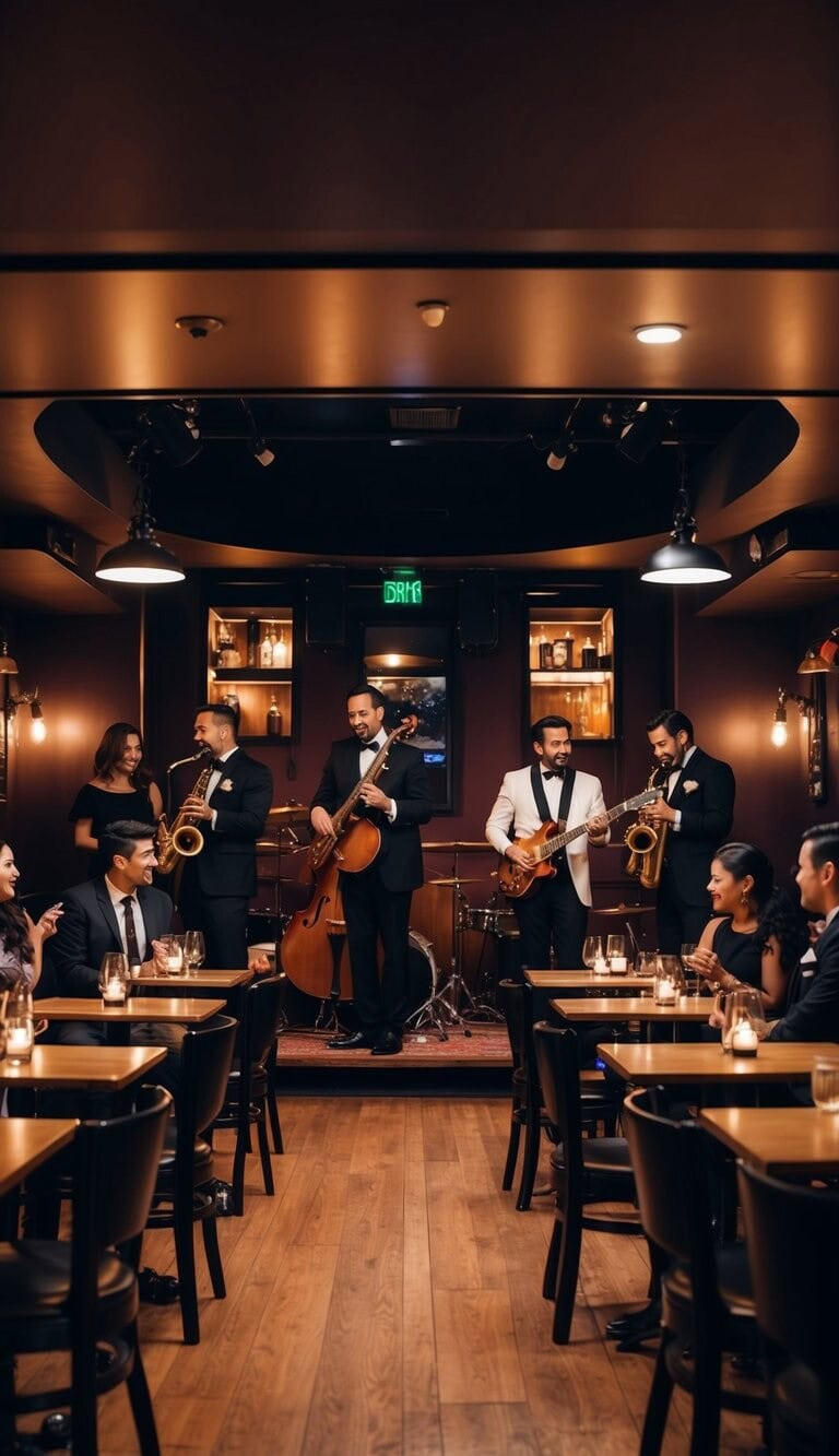 Un acogedor club de jazz con iluminación tenue, mesas pequeñas y un escenario. Los músicos tocan en el escenario mientras las parejas disfrutan de la atmósfera íntima.