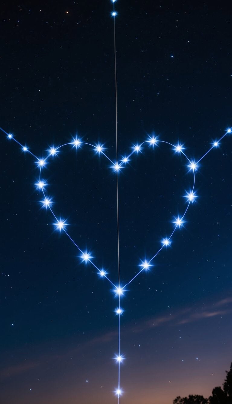 Una constelación en forma de corazón se forma en el cielo nocturno, conectando dos estrellas distantes.