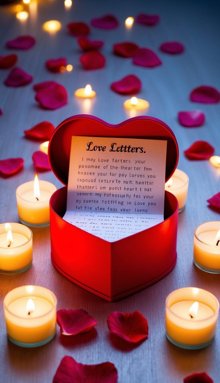 Una caja en forma de corazón llena de cartas de amor, rodeada de velas parpadeantes y pétalos de rosa