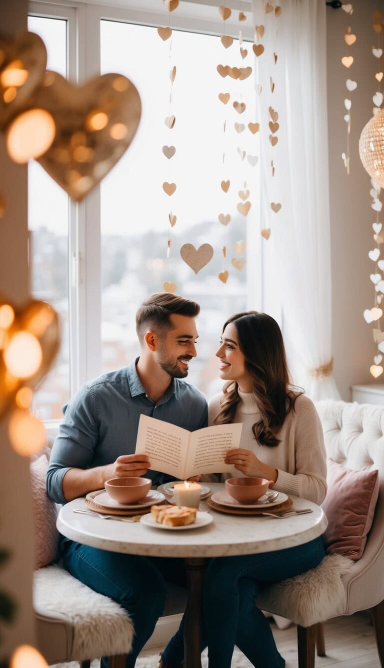 Una pareja sentada junta en una acogedora mesa de desayuno, rodeada de decoración romántica y leyendo un poema de amor el uno al otro.