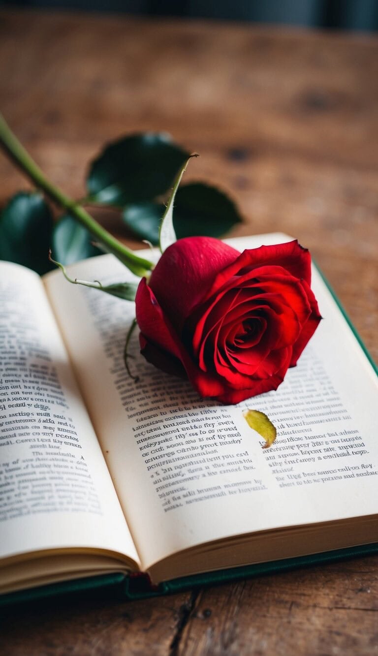 Una sola rosa roja reposando sobre un libro abierto con una mancha de lágrima en la página