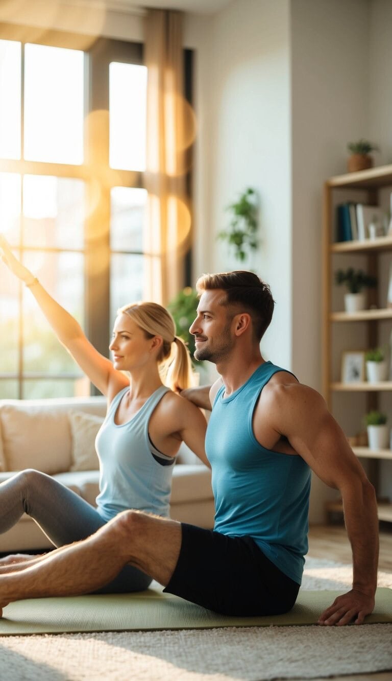Una pareja haciendo ejercicios matutinos juntos en una acogedora habitación iluminada por el sol, con música suave sonando de fondo.