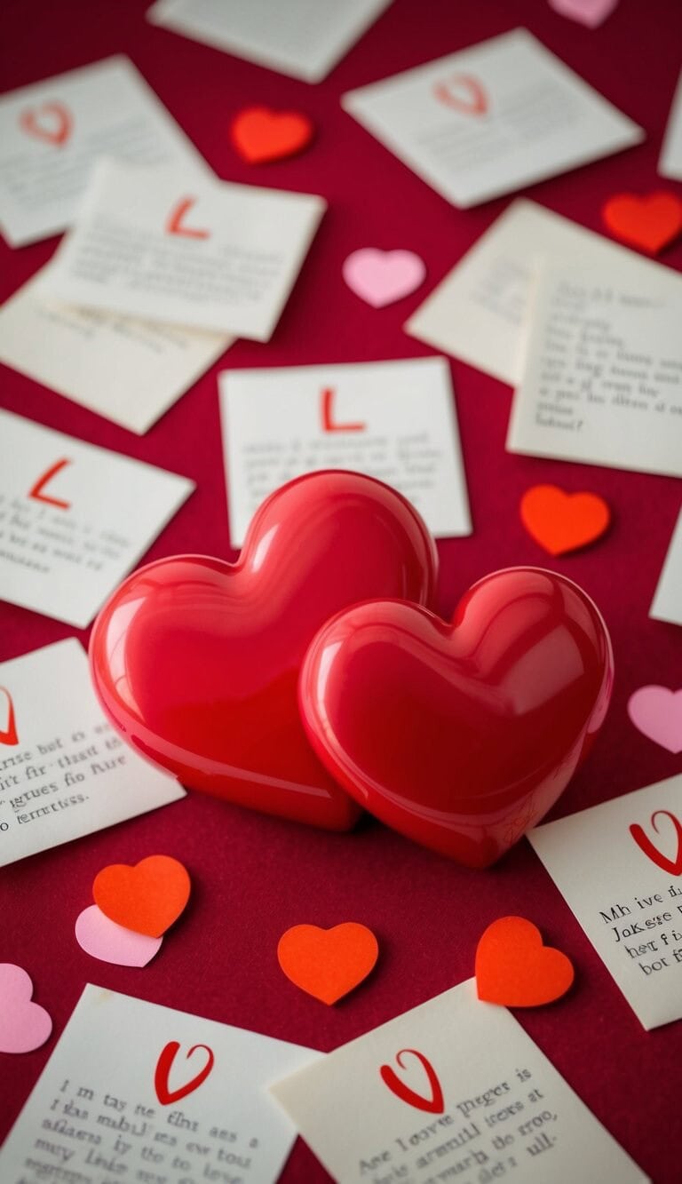 Una escena romántica con dos corazones entrelazados rodeados de 19 cartas de amor