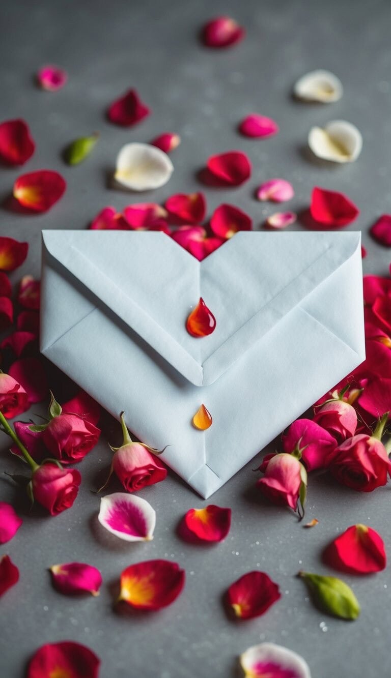 Un sobre en forma de corazón rodeado de pétalos de rosa esparcidos y una sola lágrima