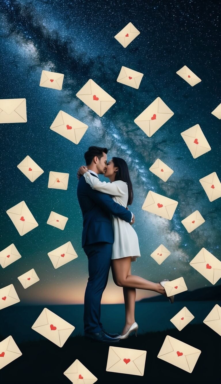 Un cielo estrellado con dos figuras abrazándose, rodeadas de 19 cartas de amor esparcidas a su alrededor, evocando un sentido de profunda emoción y romance.
