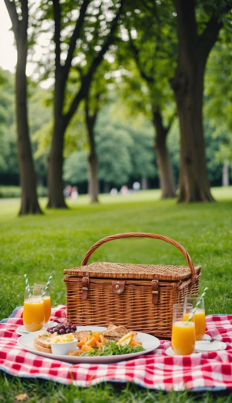 Un picnic acogedor en el parque con una manta de cuadros, una cesta de mimbre y una variedad de comida y bebidas deliciosas. Los árboles y la vegetación que rodean crean una atmósfera romántica.