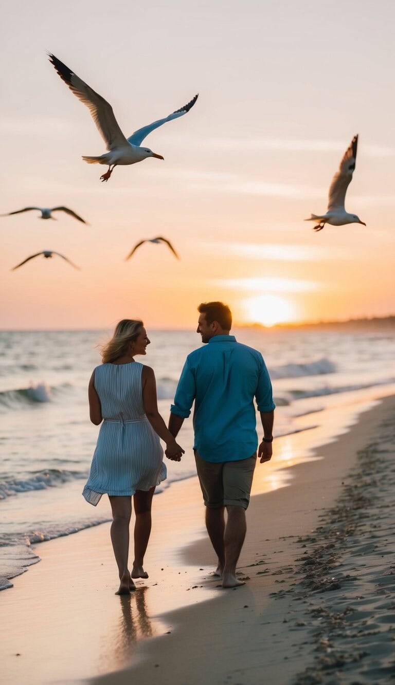 Una pareja paseando por una playa de arena al atardecer, con las olas acariciando suavemente sus pies y gaviotas volando por encima.