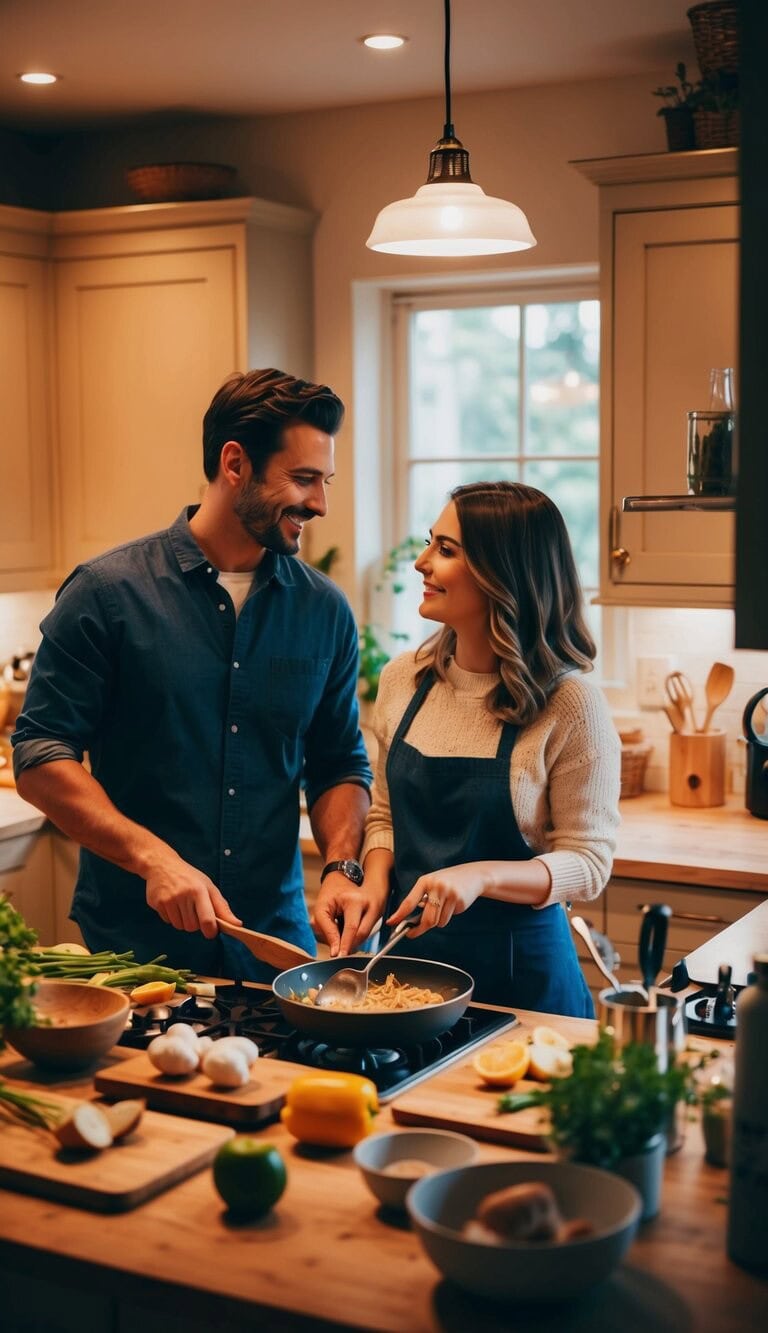 Una pareja cocinando juntas en una cocina acogedora, rodeadas de ingredientes frescos y utensilios. La atmósfera es cálida y romántica, con una iluminación suave y un toque de anticipación en el aire.