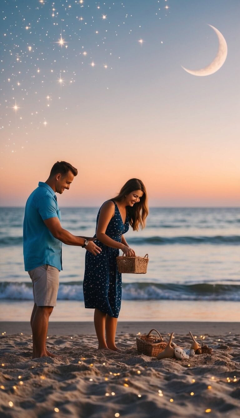 Una pareja está de pie en una playa al atardecer, buscando tesoros ocultos en la arena, rodeados de estrellas centelleantes y una luna creciente en el cielo.