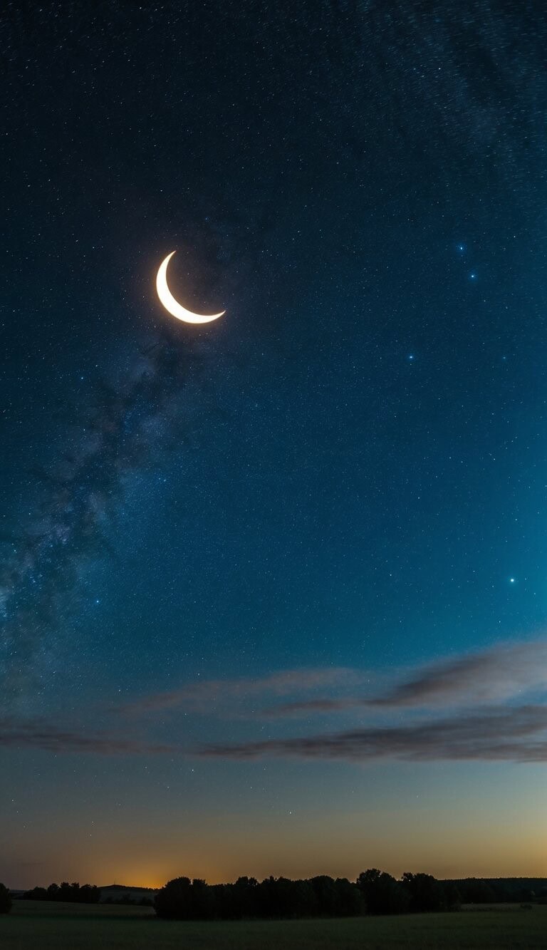Un cielo estrellado con una luna creciente brillando sobre un paisaje pacífico, evocando un sentido de gratitud y amor