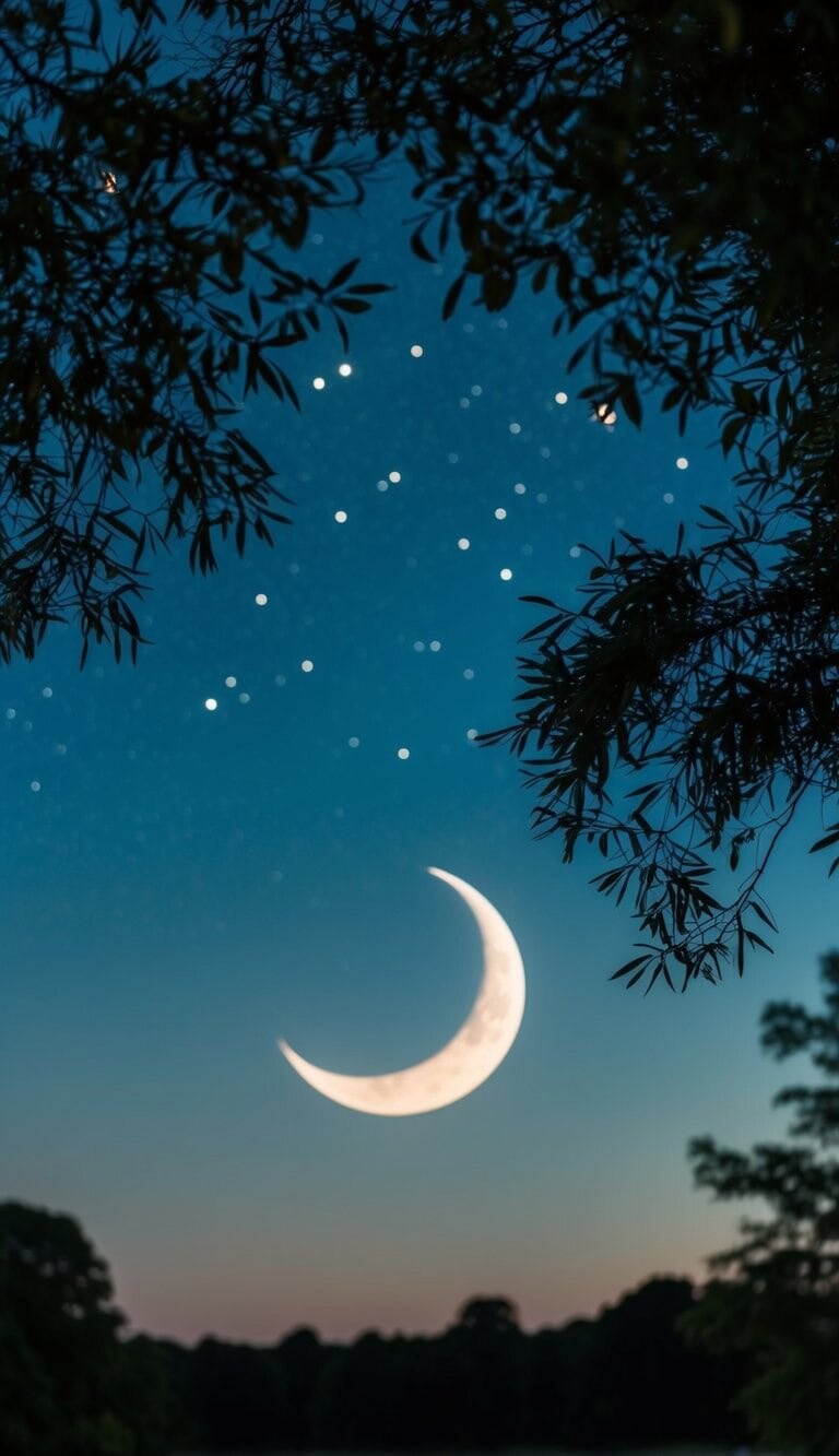 Una escena nocturna tranquila con una luna creciente, estrellas centelleantes y una suave brisa susurrando entre los árboles.